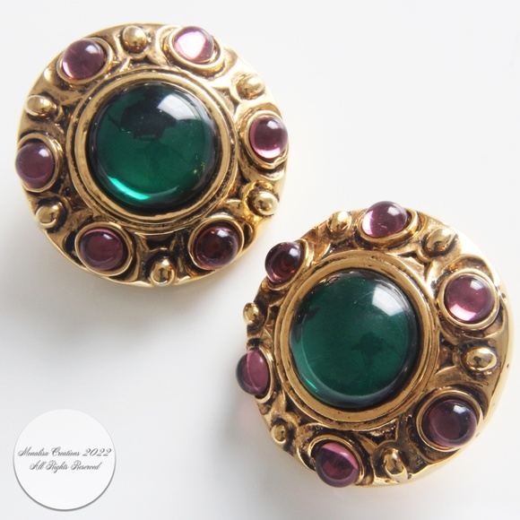 Denaive Paris Large Emerald Green Glass Cabochon Clip Style Earrings 1980s - Picture 3 of 11